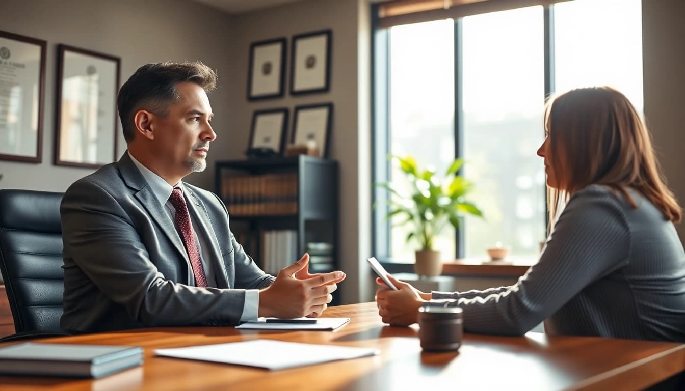 Clearwater truck accident lawyer meeting with a client for legal advice in a professional setting.