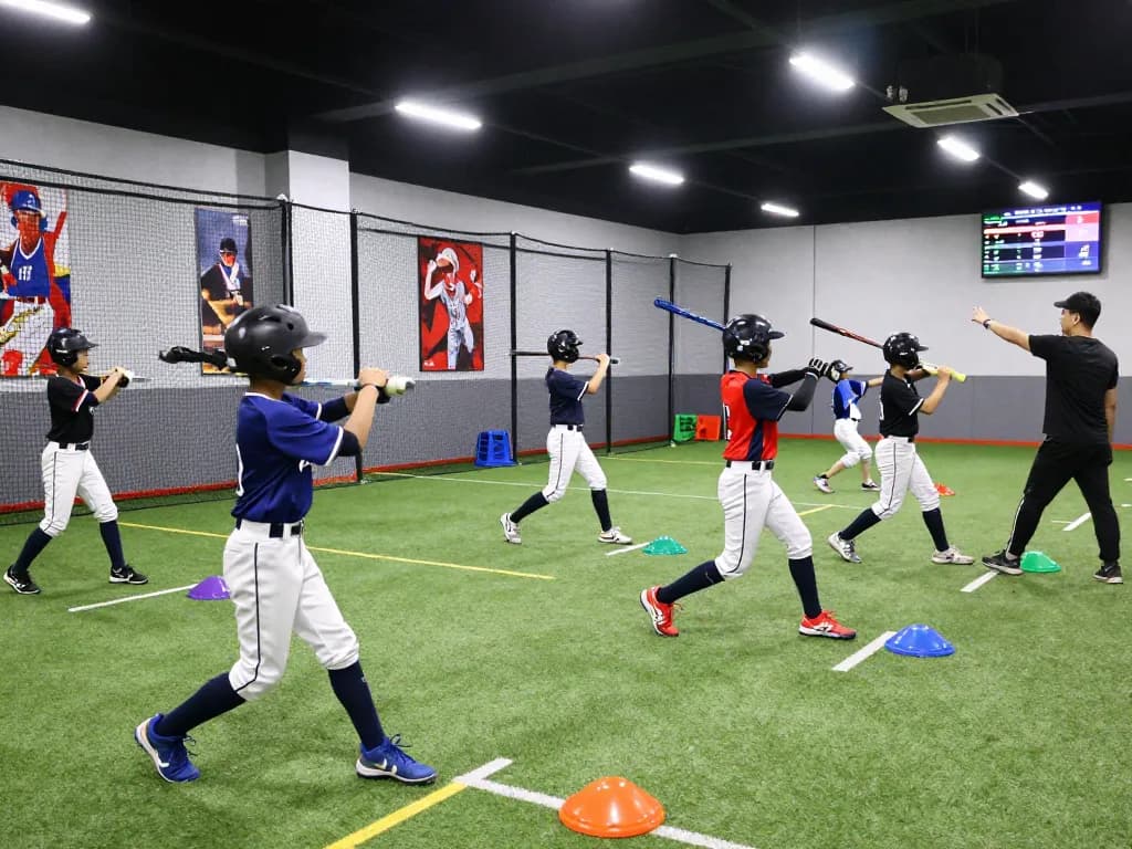 Young athletes training at hitclub baseball facility, focused on batting technique.