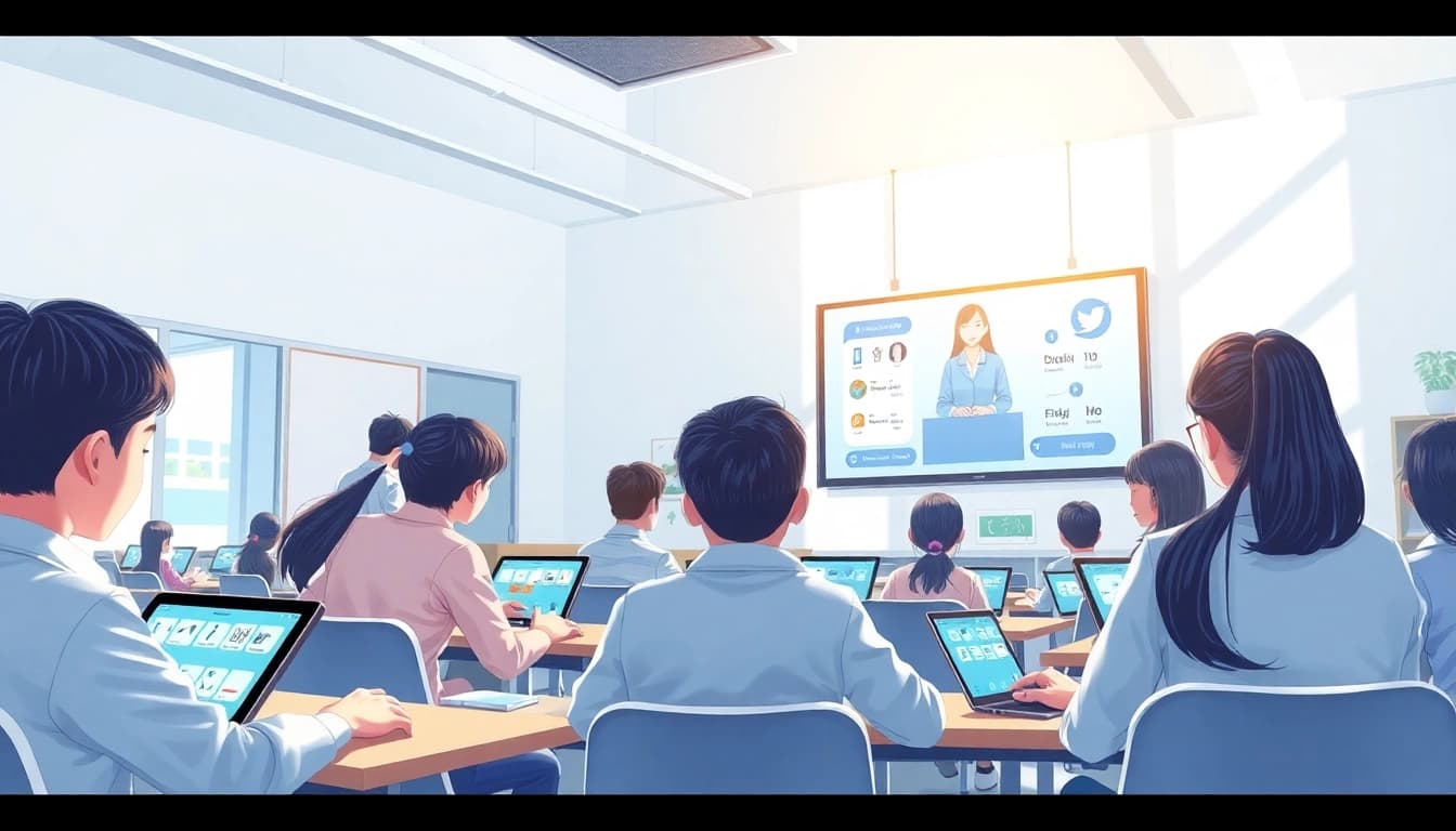 Engaging students using 有道 technology in a bright, modern educational setting.