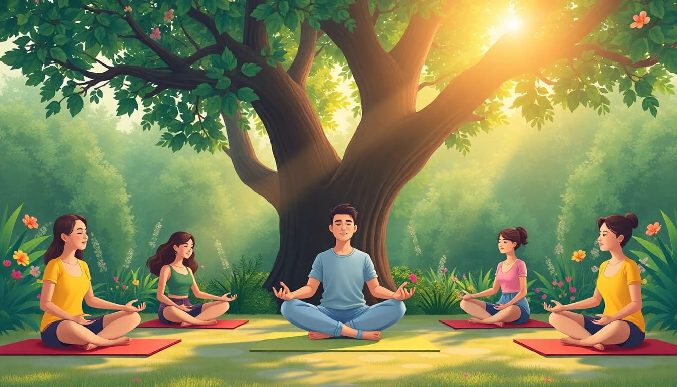 Practice mental health tips through meditation in a serene garden setting.
