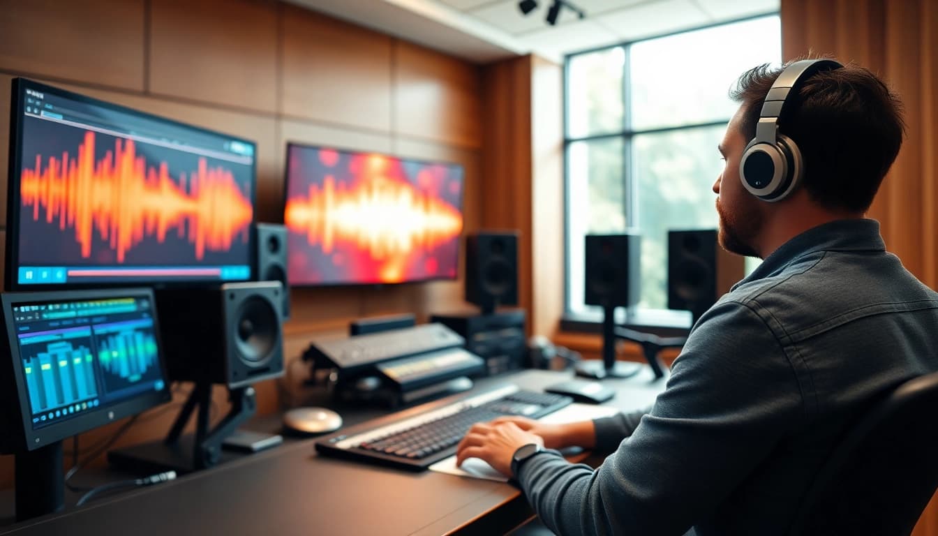 Elevate your music with online mastering techniques showcased by a focused engineer in a vibrant studio.