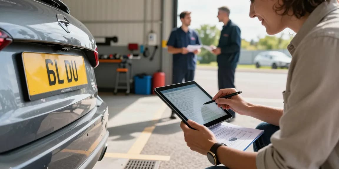 Car inspection scene emphasizing the importance of a reg check UK with a person reviewing vehicle documents on a tablet.