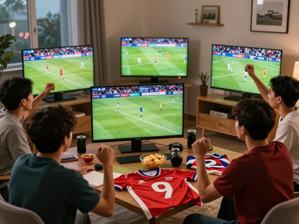 Các fan bóng đá phấn khích đang thưởng thức luongson live streaming trong một không gian phòng khách ấm cúng.