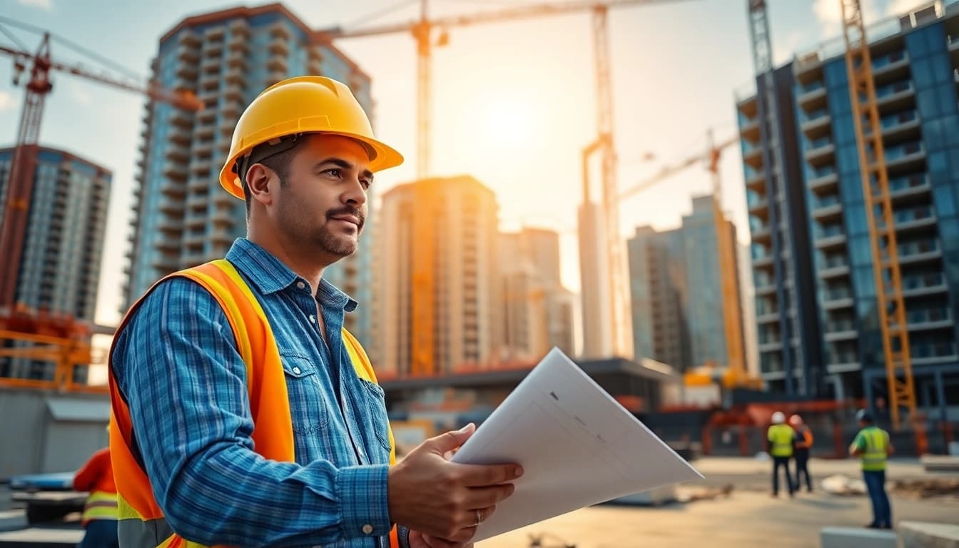 New York Commercial General Contractor guiding a construction site, showcasing modern techniques and teamwork.