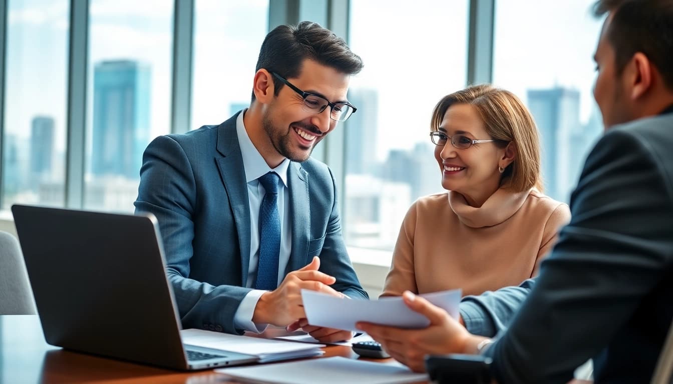 Independent financial advisor guiding a couple in financial planning consultation.