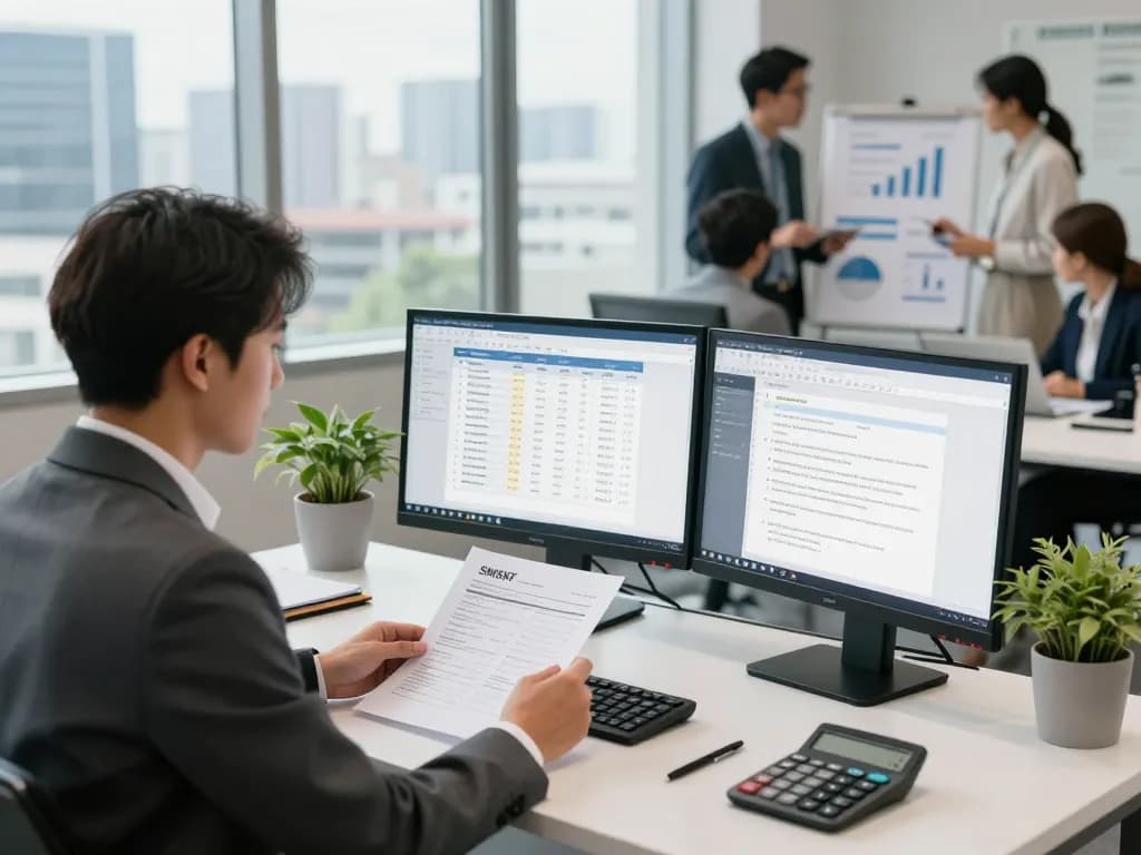SMSF Accountant analyzing financial documents in a modern office setting for effective super fund management.