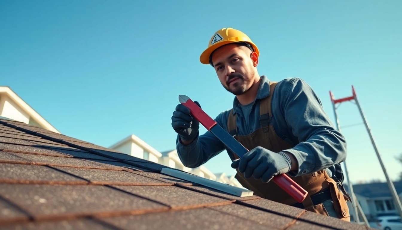 Roofer conducting a roof repair Bay Area inspection on a modern home, showcasing professionalism.