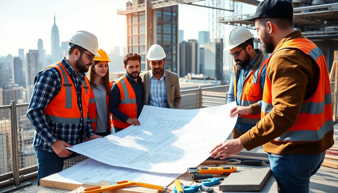 New York General Contractor guiding a team at a bustling construction site in NYC.