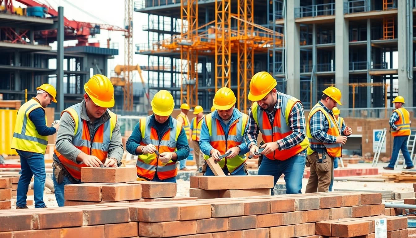 Engaged construction apprentices practicing skills in a dynamic training environment.