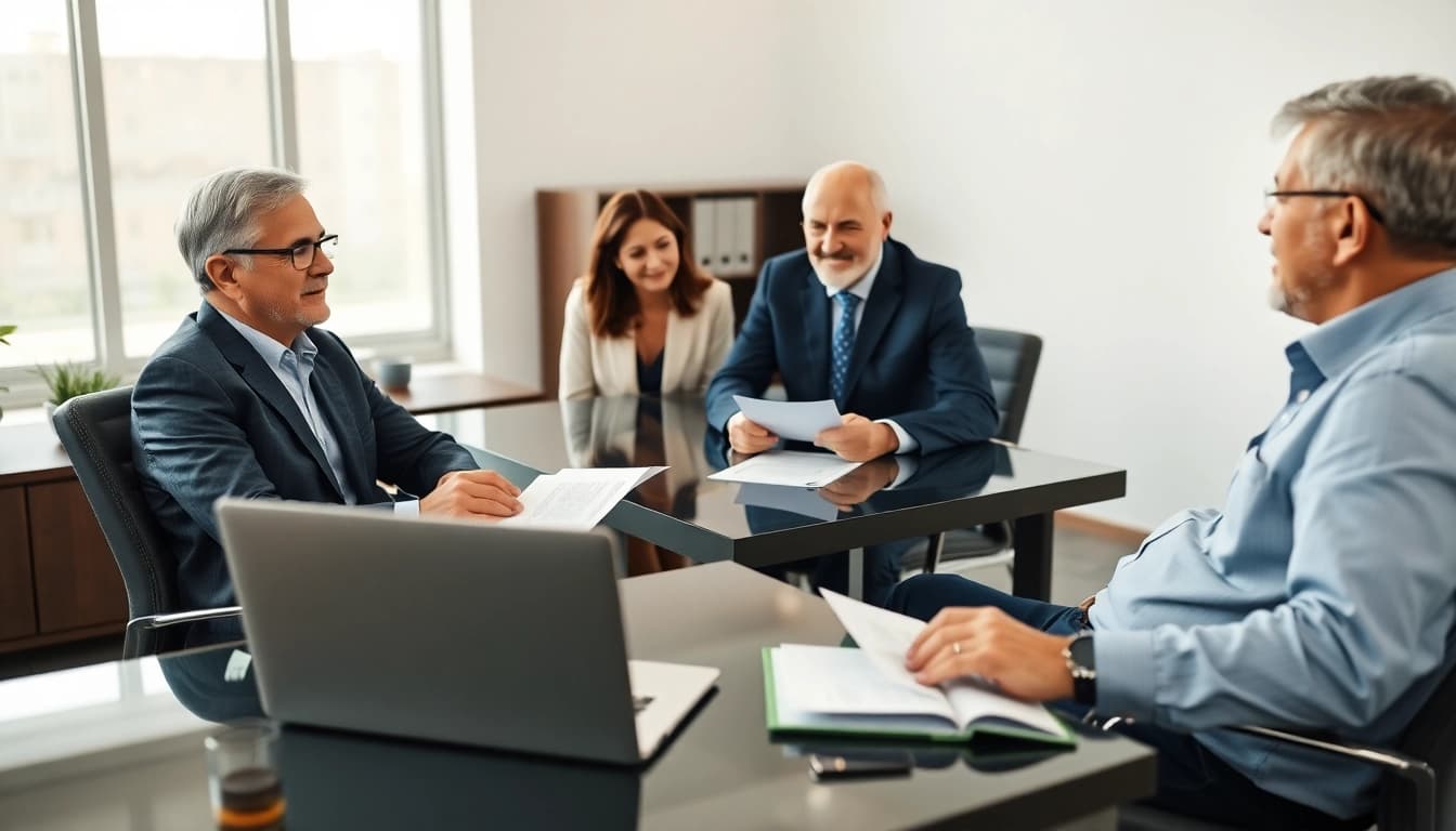 Discussing social security options with a financial advisor in a modern office.