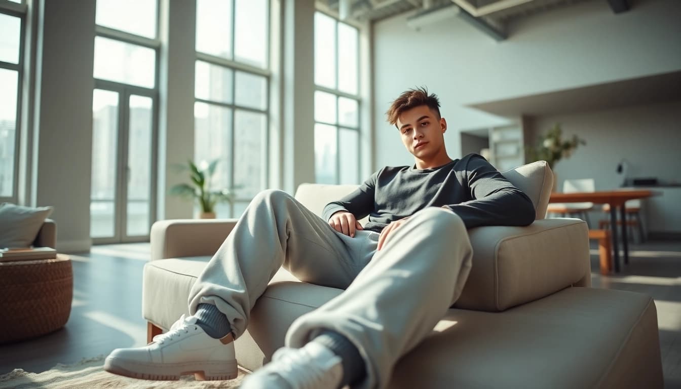 Showcasing baggy sweatpants in a casual urban setting with stylish decor and soft lighting.