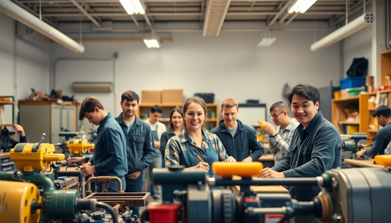 Students training in a trade school in Tennessee, actively learning with tools in a hands-on vocational classroom.