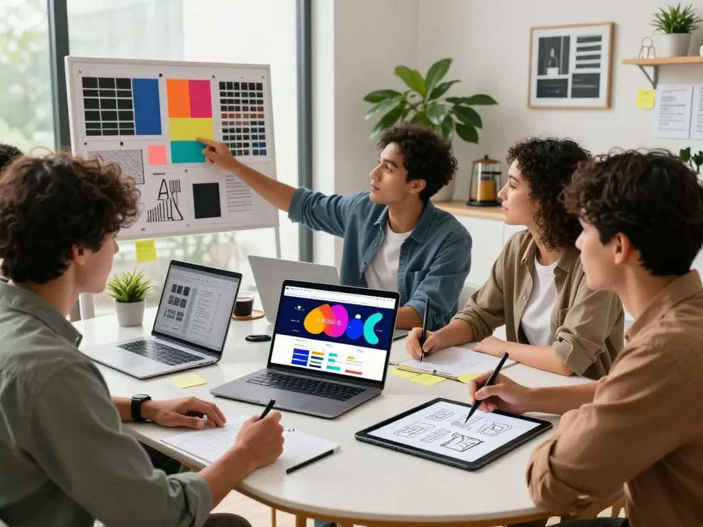 Collaborative web design team brainstorming innovative ideas in a bright studio.