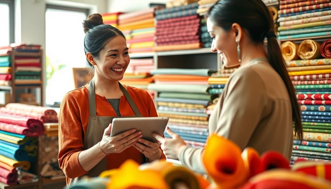Verken stoffen winkel online met kleurrijke stoffen en een enthousiaste eigenaar die klanten bijstaat.