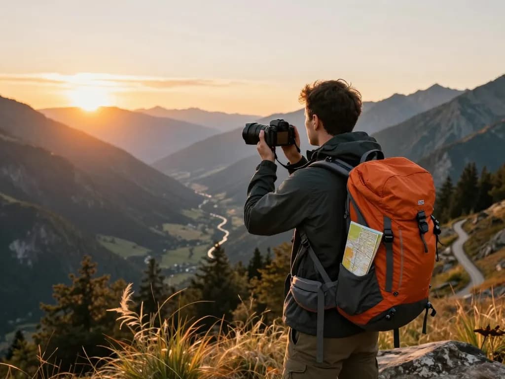Traveler at a mountain viewpoint during sunset, embodying the spirit of adventure with man88 gear and scenic landscape.