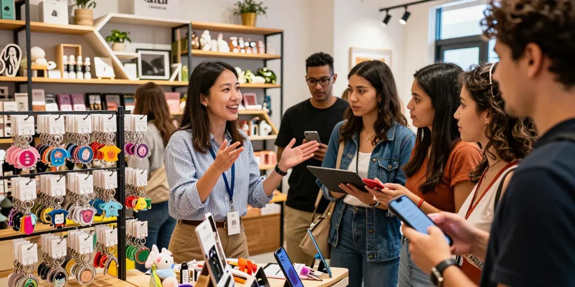 Personalized keychains displayed in a vibrant e-commerce store, showcasing custom designs and engaging customer interactions.