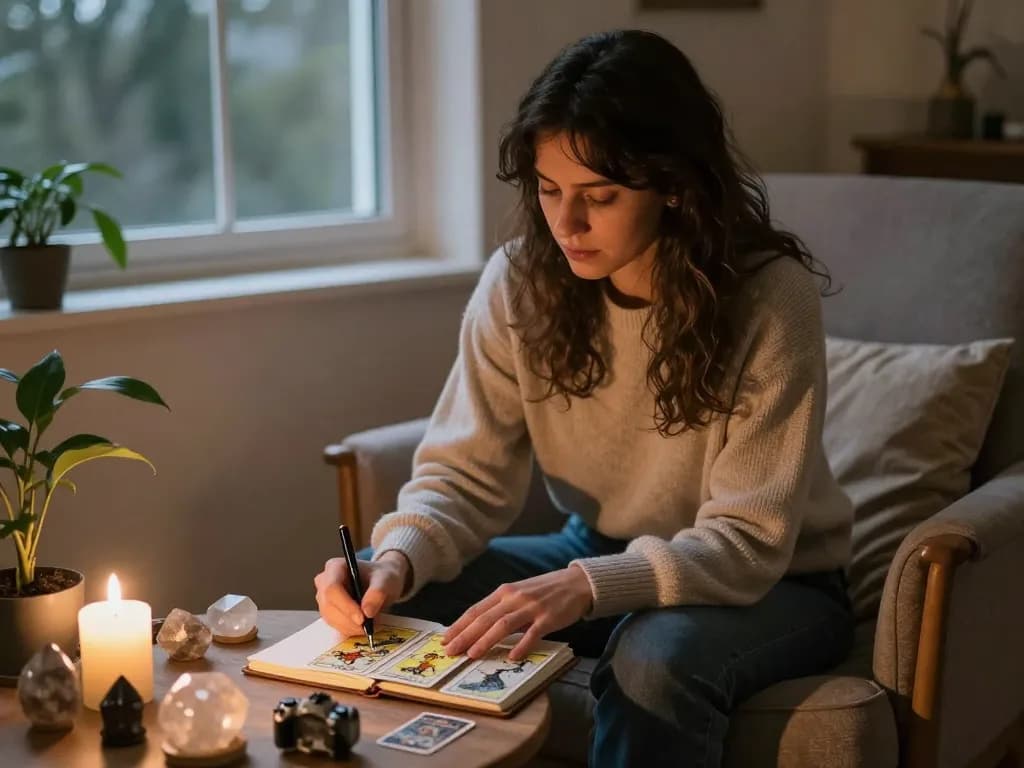 Why do I keep attracting the same partner? A woman engaging in an Akashic Records session, surrounded by tarot cards and crystals, in a cozy, serene setting.