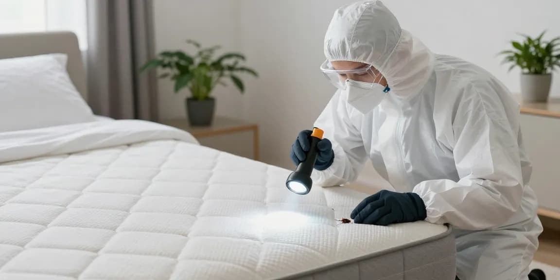 Bed bug exterminator inspecting mattress seams in a clean bedroom setting.