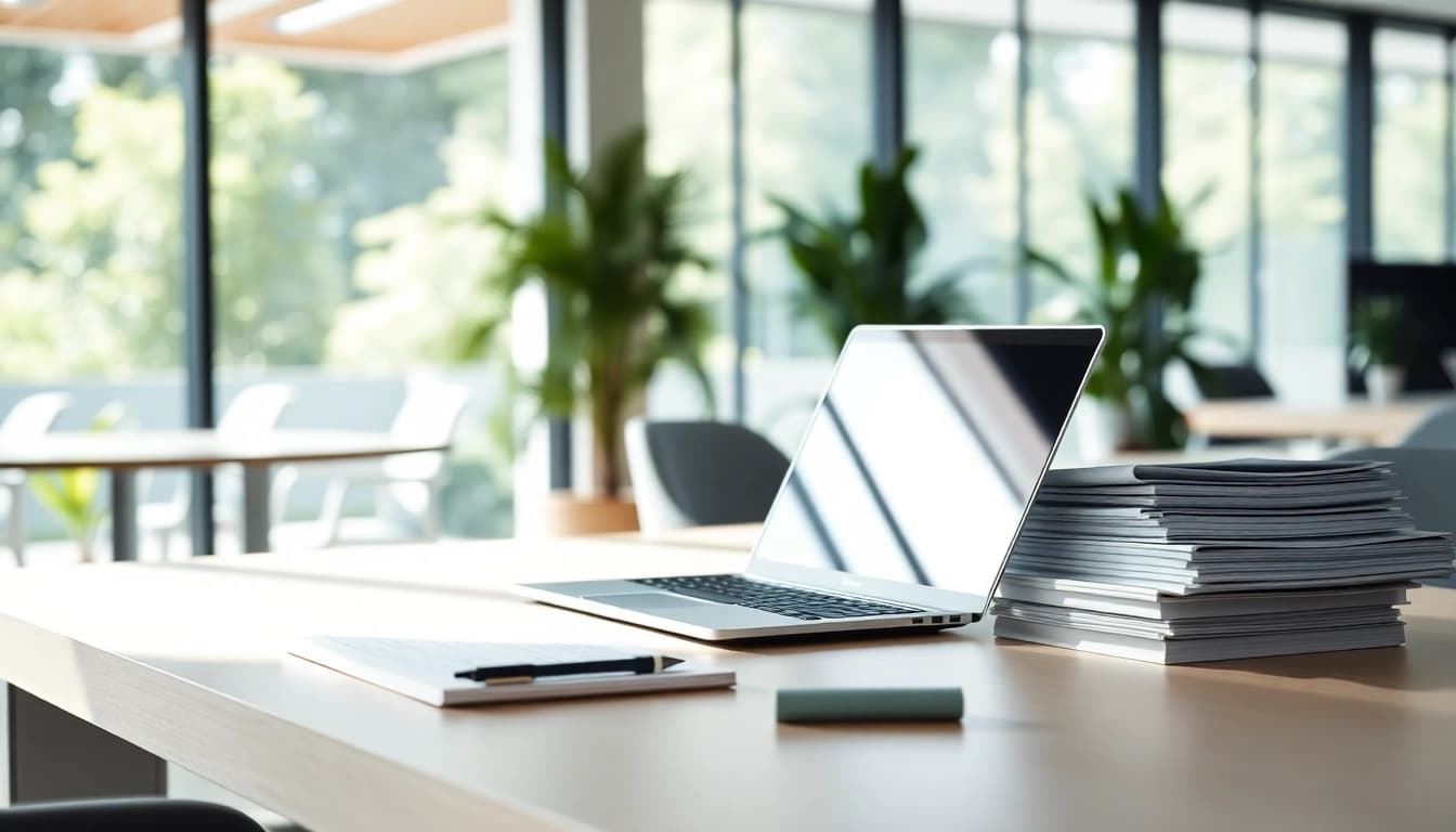 Efficient Typing Center workspace with modern technology and organized documents.