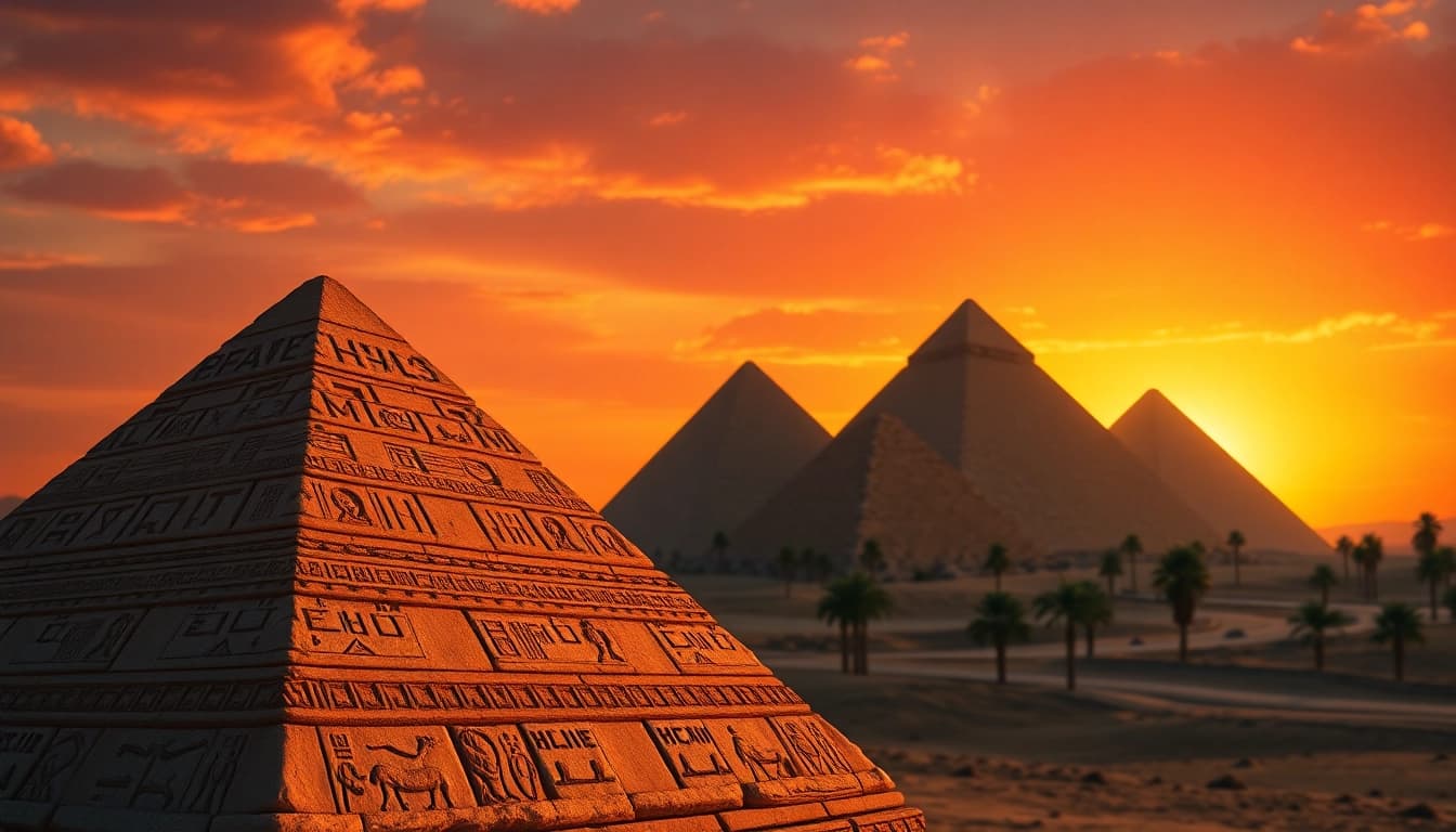 Explore the majestic ancient pyramids at https://piraminds.com/, showcasing intricate carvings and a golden sunset.