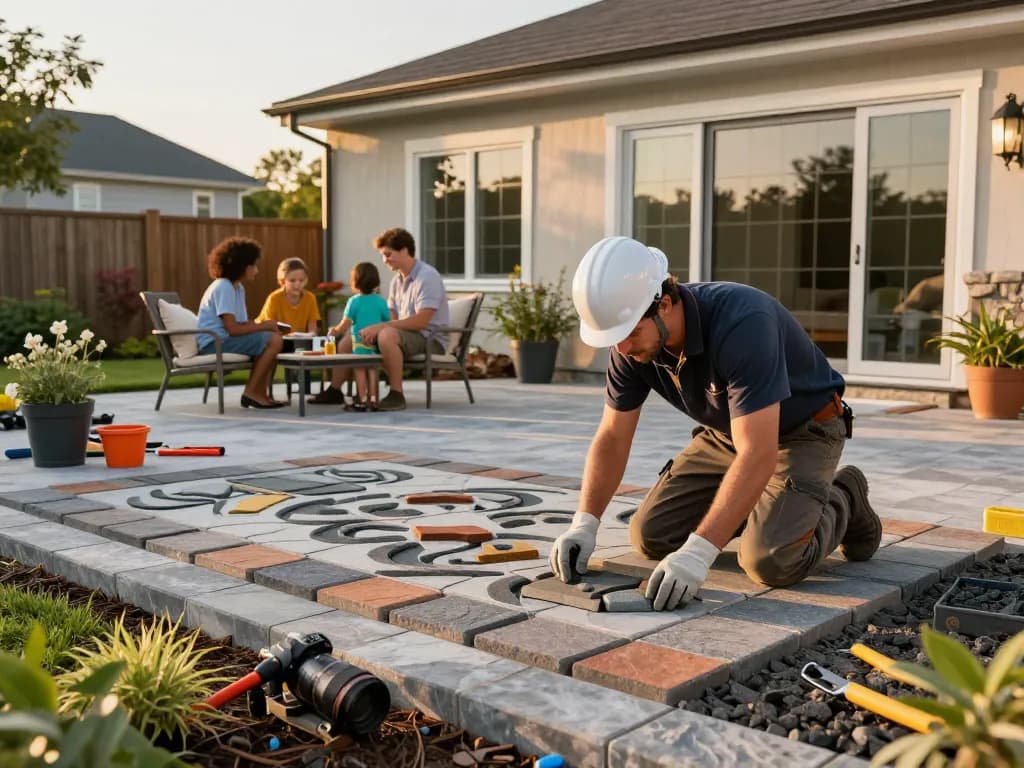 Paver contractors near me transforming an outdoor space with exquisite patio installation, showcasing craftsmanship and family enjoyment.
