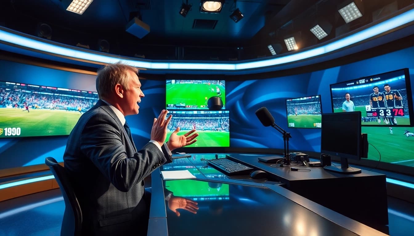 Engaging scene of sports broadcasting featuring a commentator discussing live events.