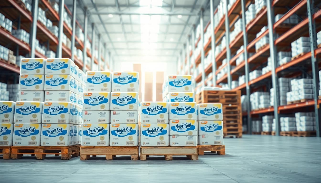 Showcasing Angel Soft Toilet Paper Pallets stacked in a well-organized warehouse.