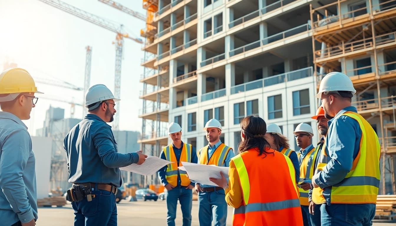 New Jersey Commercial General Contractor supervising a diverse team on a busy construction site.