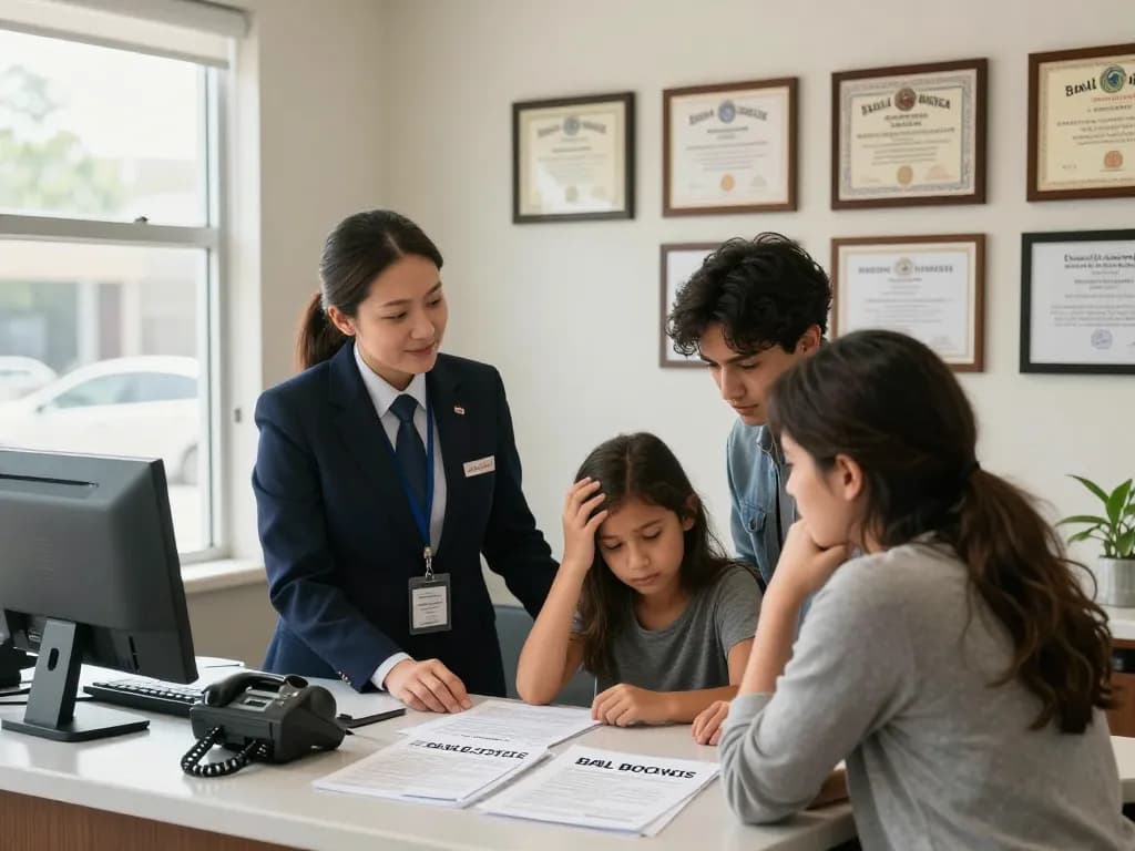 Cheap Bail Bonds service office scene with a compassionate agent assisting a family in need