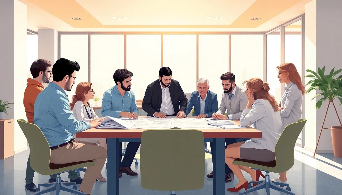 Members of a construction association collaborating in a bright office setting, discussing plans.