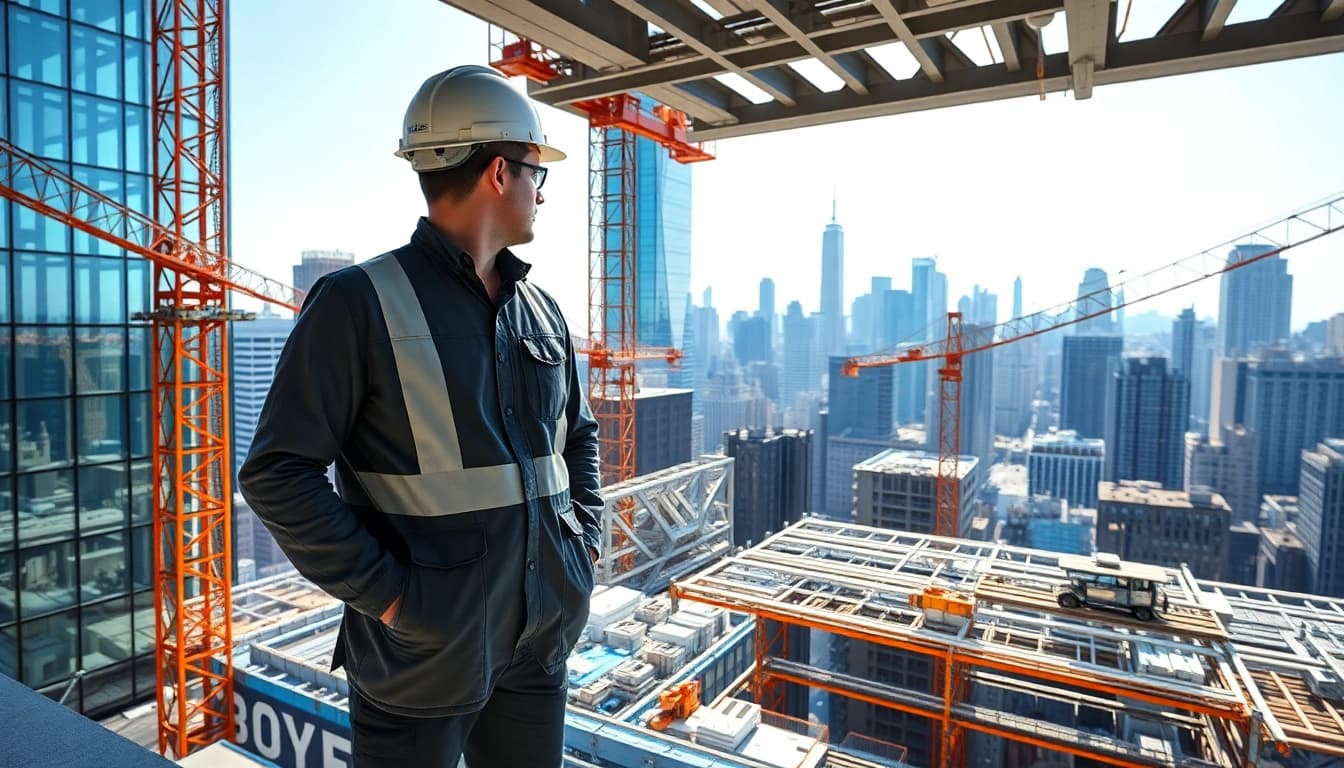New York Commercial General Contractor supervising a bustling construction site near the iconic skyline.