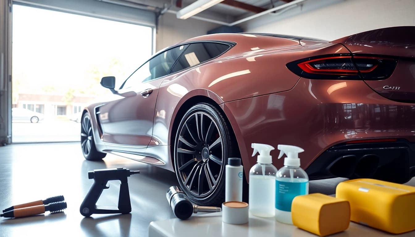 Applying ceramic coating near me on a luxury car, showcasing the shiny finish and detailing tools.