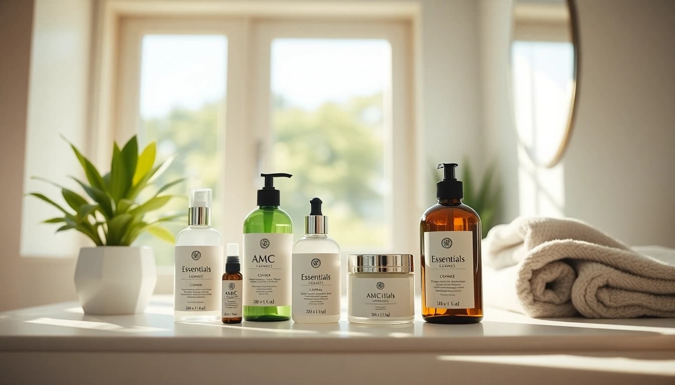 Showcase AMC Essentials clean beauty products elegantly displayed in a bright bathroom setting.