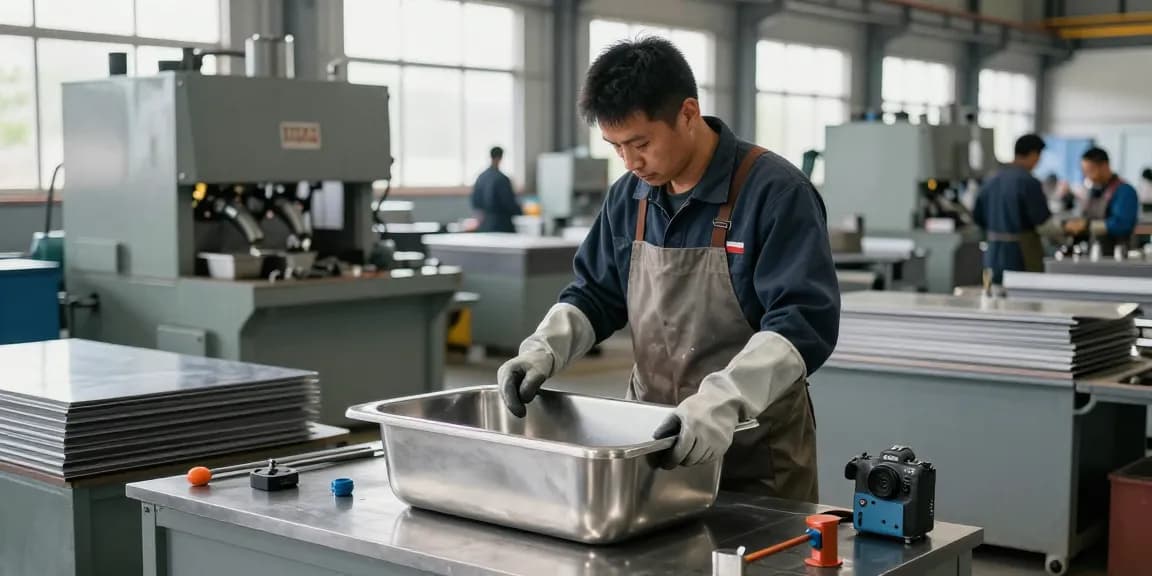 Workers in a stainless steel basin factory inspecting and assembling high-quality basins.