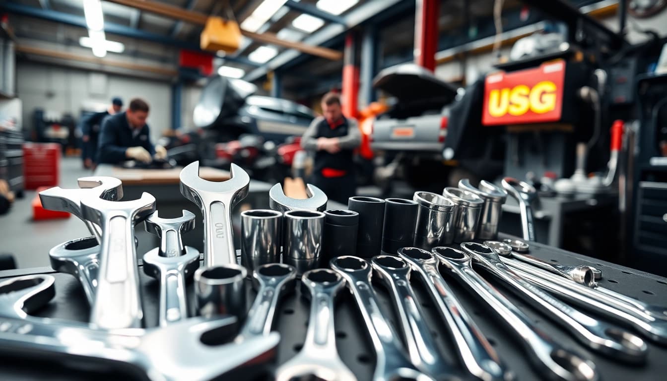 USAG wrenches displayed on a tool bench in a professional mechanic's workshop.