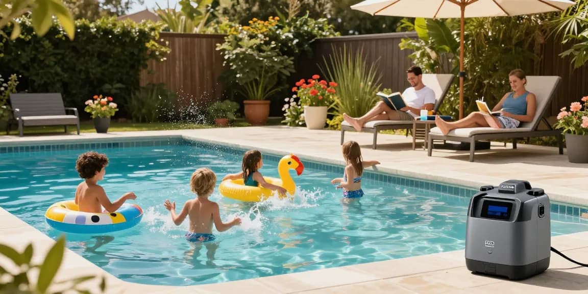 Family enjoying the Best Pool Chlorinators experience by a sparkling saltwater pool.