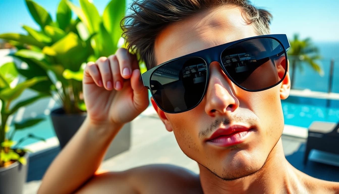 Stylish individual showcasing luxury sunglasses while relaxing on a modern patio.