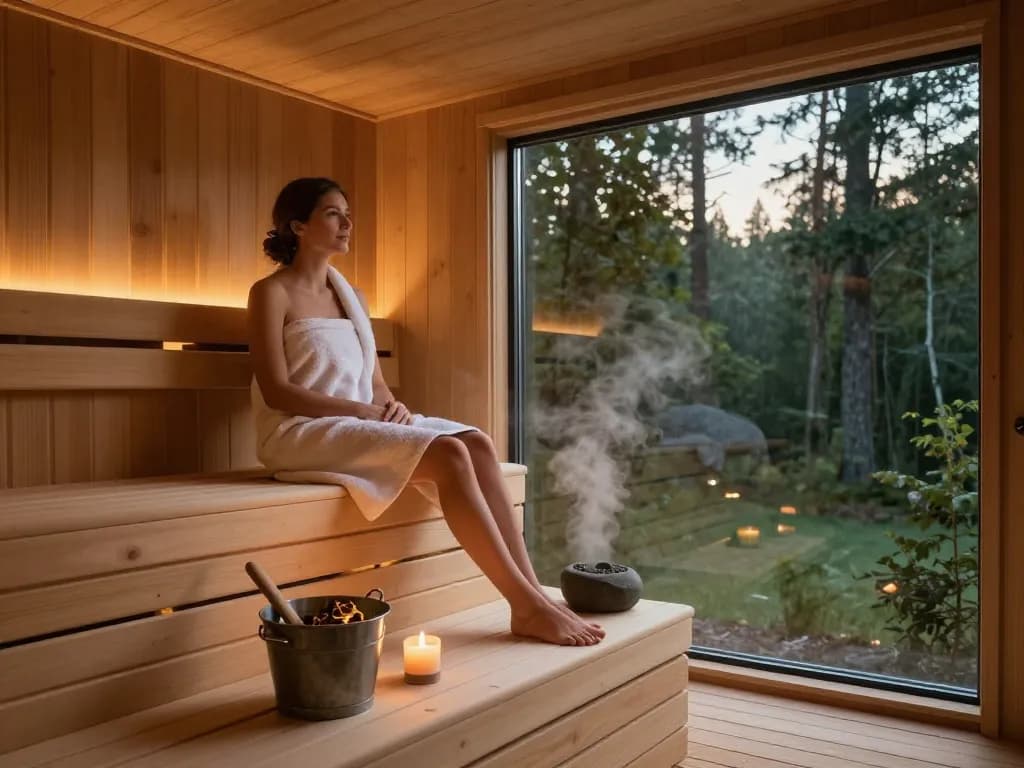 Sauna customization in a luxurious home sauna with cedar wood and serene forest view.