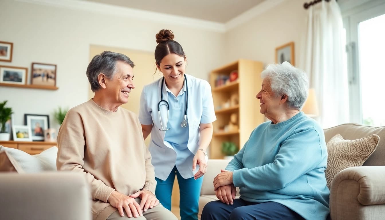 Offering compassionate in home health care near me, a caregiver supports an elderly individual in a cozy living room.