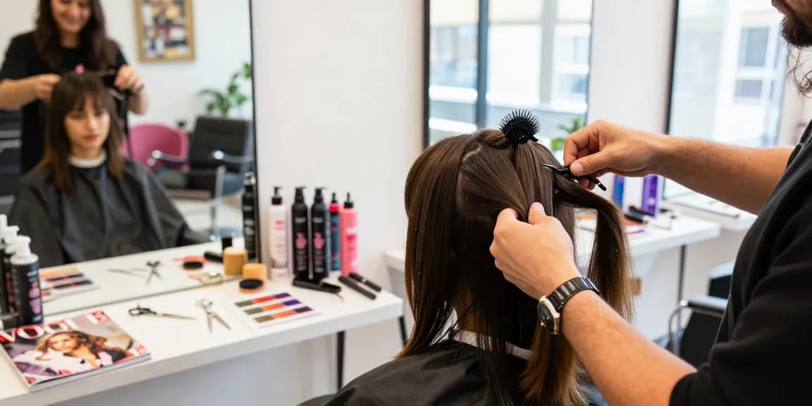 Stylish hair salon scene showing the latest hair style trend being applied with modern tools and vibrant decor.