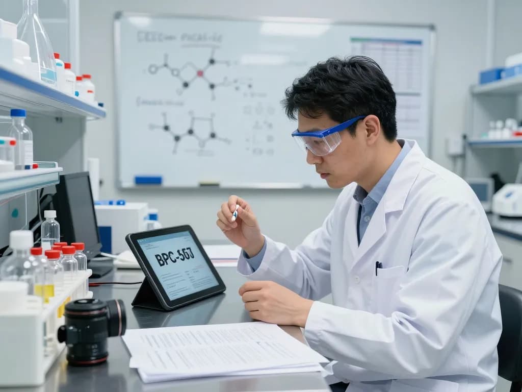 Researcher analyzing Bpc157 tb500 peptides in a modern laboratory environment.