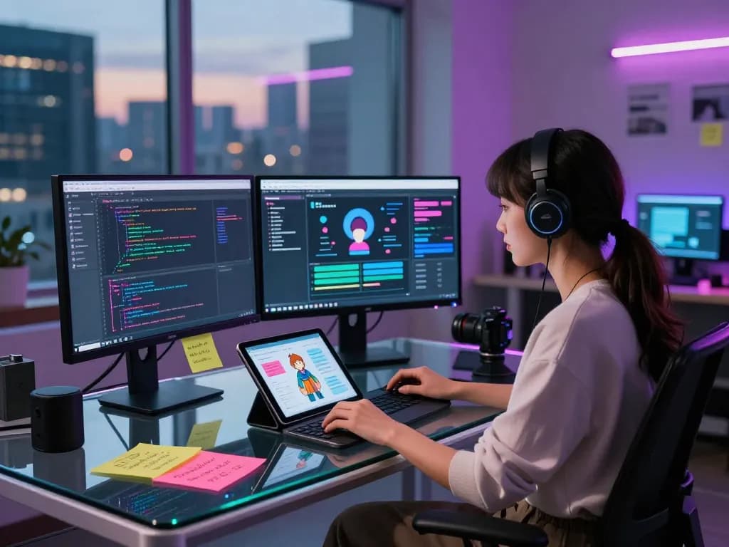 Developer creating AI NSFW chat technology in a modern digital art studio with vibrant code displays.