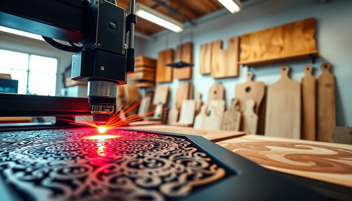 Engaging laser cutting designs being crafted in a vibrant workshop environment.