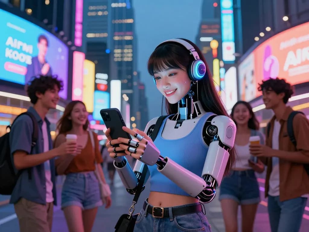 AI slut character engaging with technology in vibrant urban nightlife.