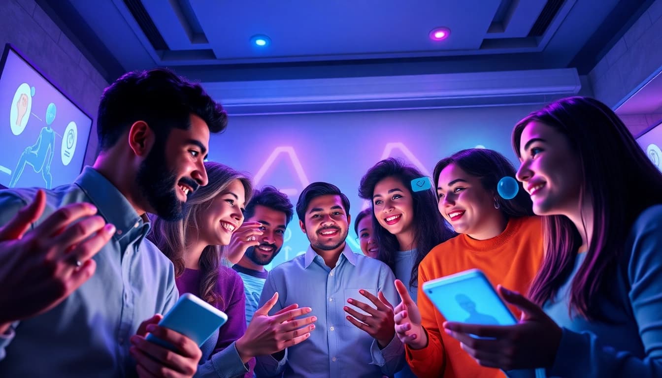 Engaging users experiencing crush on AI through interactive chatbots in a vibrant virtual space.