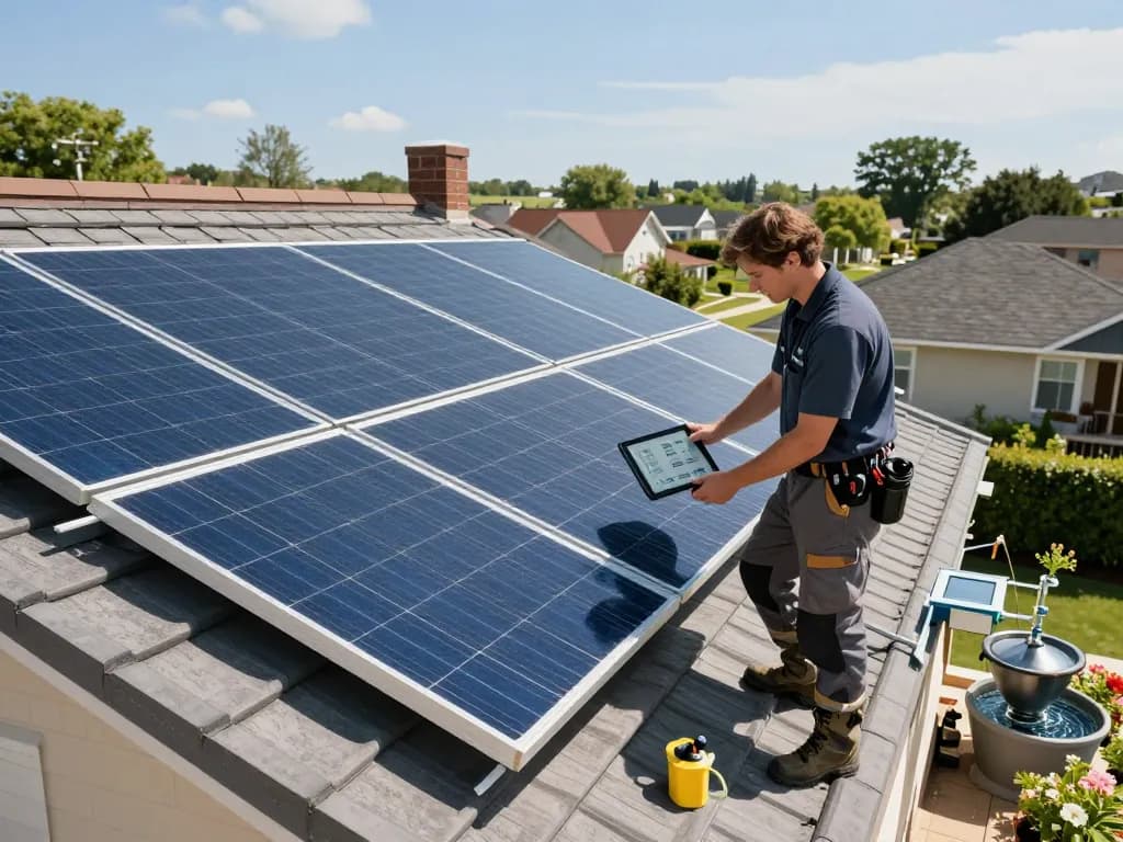 Installation scene illustrating how umowa PPA na energię słoneczną – jak działa with solar panels on a rooftop, expert installer checking energy data.