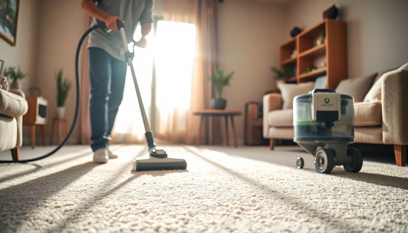 Carpet cleaners Roseville CA performing service in a sunlit living room.