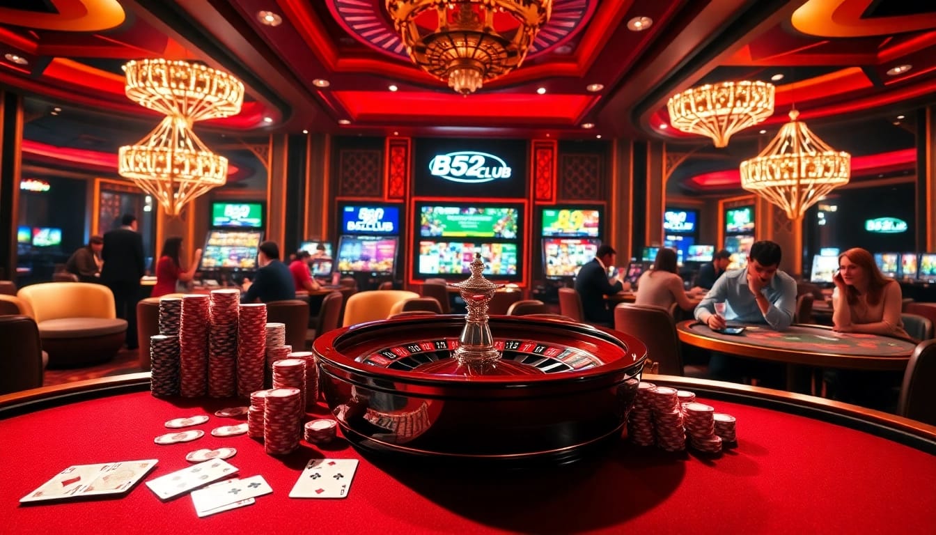 Engage in thrilling gaming at B52CLUB's luxurious casino environment filled with vibrant tables and chips.