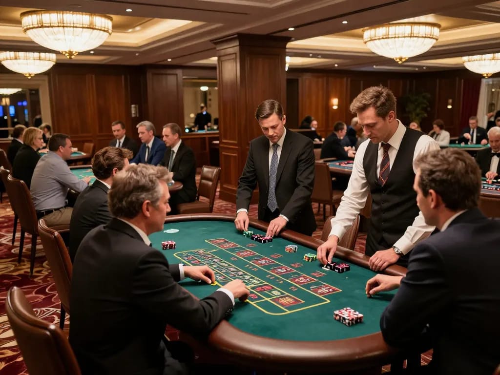 TWIN68 players strategizing at roulette table in upscale casino atmosphere.