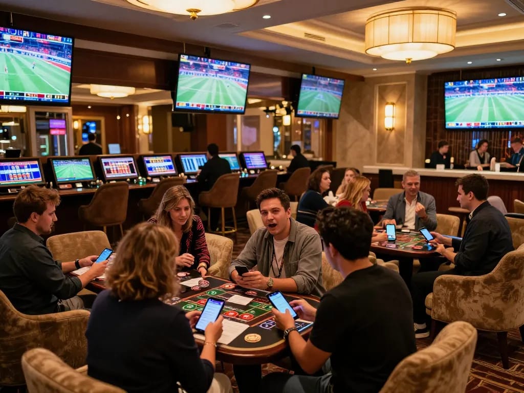 Sports bettors engaging with keonhacai apps at a modern casino lounge showcasing live games.